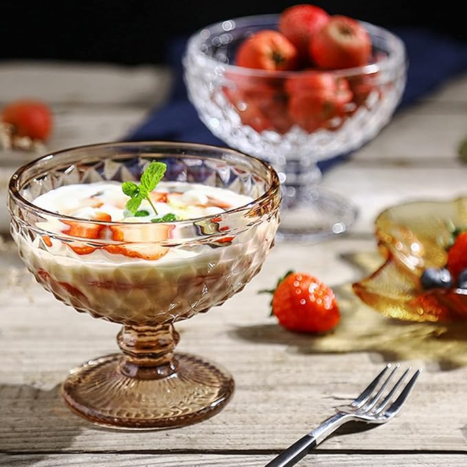 Bowls for Kitchen Glass Bowl Salad Bowl Glass for Dessert Mill Shake Goblet Glass Embossed Ice Cream Cup European Creative Salad Plates 300ml for Snack, Dessert (Color : 1) (J)