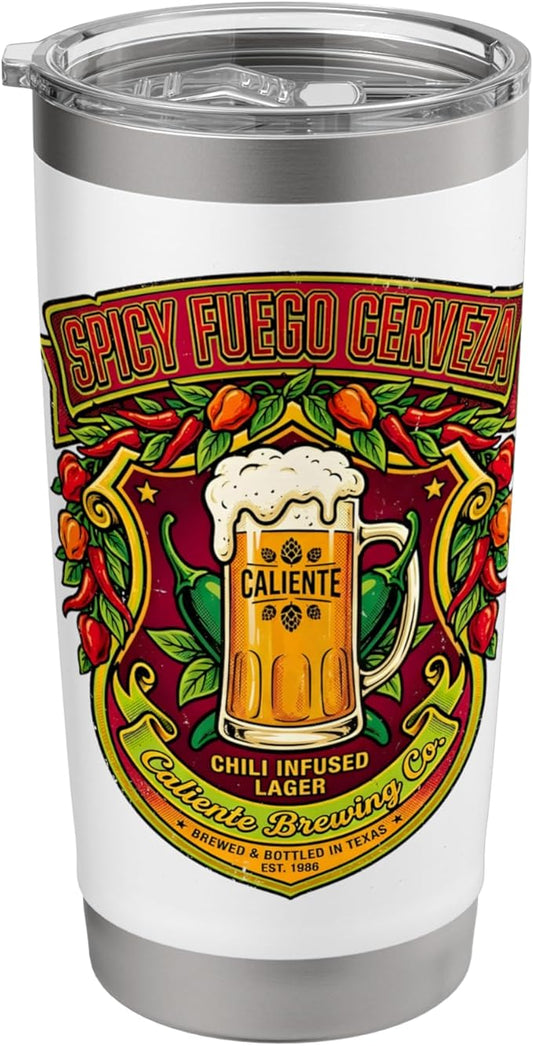 Spicy Fuego Cerveza Chili Texas Drinking Vintage Beer Label Stainless Steel Insulated Tumbler