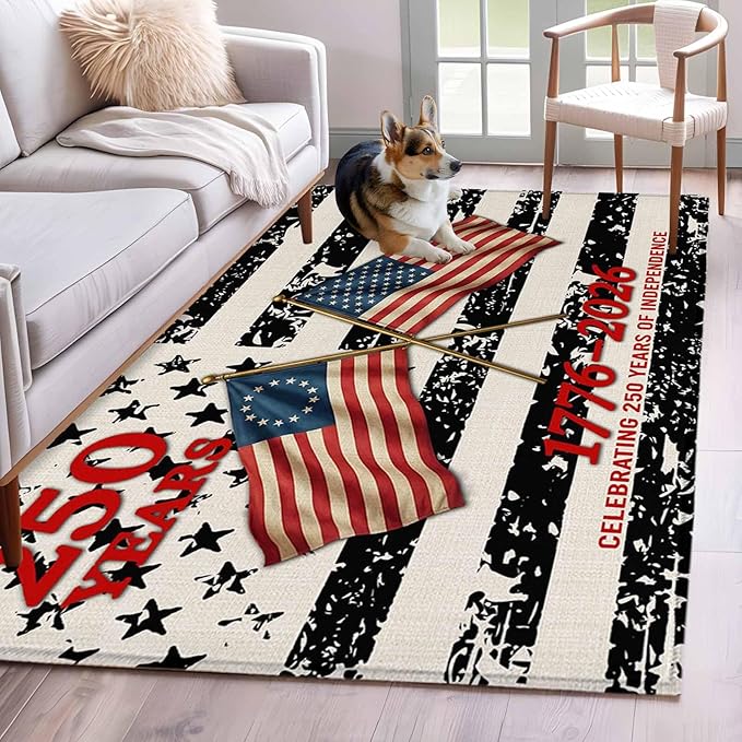 Area Rug 4x6ft, Independence Day 250th Anniversary Washable Rugs for Living Room Bedroom, Retro USA Flags Soft Non-Slip Area Rugs Rectangle Floor Carpet for Dining Room