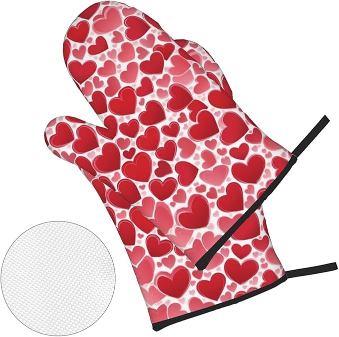 4 Pcs Red Heart Pattern Oven Mitts and Potholders,Kitchen Oven Glove with Pot Holders,Non-Slip Gloves High Heat Resistant 500 Degree for BBQ, Grill, Baking, Cooking, Oven, Microwave