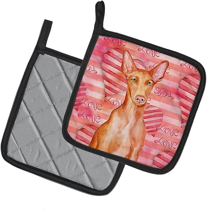 Caroline's Treasures BB9802PTHD Pharaoh Hound Love Pair of Pot Holders, Red Kitchen Heat Resistant Pot Holders Sets Oven Hot Pads for Cooking Baking BBQ, 7 1/2 x 7 1/2