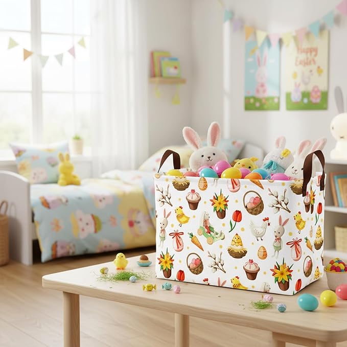 Large Rectangular Cute Kid Easter Basket Empty Bunny Eggs Easter Basket Gift Spring Room Storage Organizer Décor (E-14)