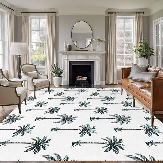 Area Rug 9x12ft, Tropical Palm Trees Washable Rugs for Living Room Bedroom Rectangle Floor Carpet, Green and White Soft Non-Slip Area Rugs for Dining Room