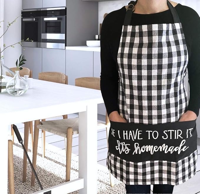 Primitives by Kathy Funny Adjustable Kitchen Apron with 3 Center Pockets for Cooking & Baking, If I Have to Stir It It's Homemade, 100% Cotton, Black and White