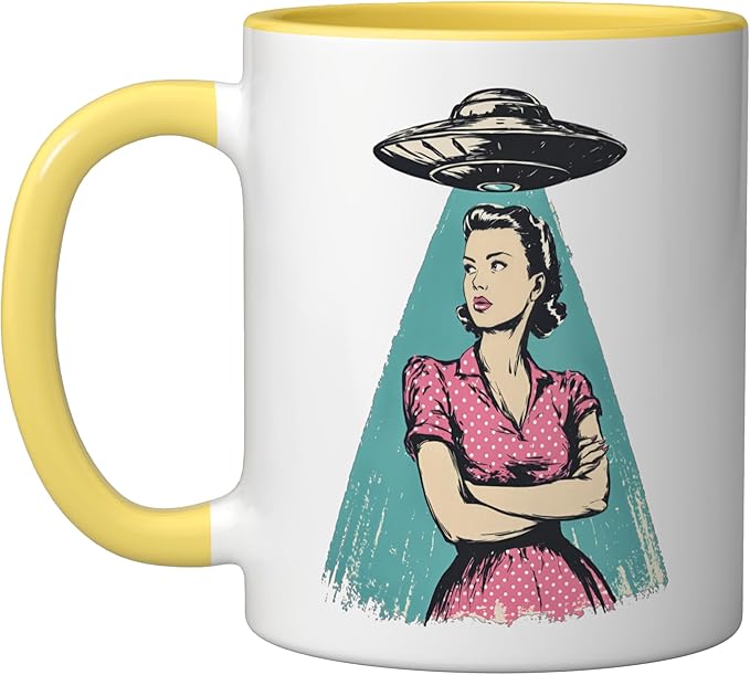 Retro 1950s UFO Pinup Woman Sci Fi Alien Design Ceramic Mug, Yellow/White