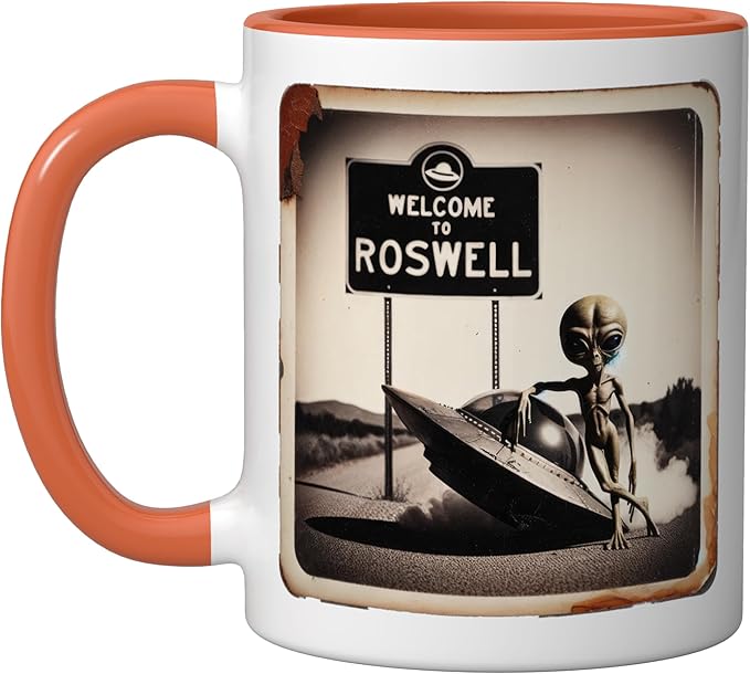 Vintage Alien UFO Crash At Roswell 1947 Photo Ceramic Mug, Orange/White