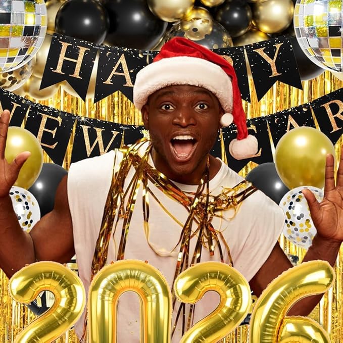 Happy New Year Party Decoration 2026 Foil Balloon Banner and Curtains Disco Balloons Champagne Balloon New Years Eve Black and Gold Party Supplies Decorations
