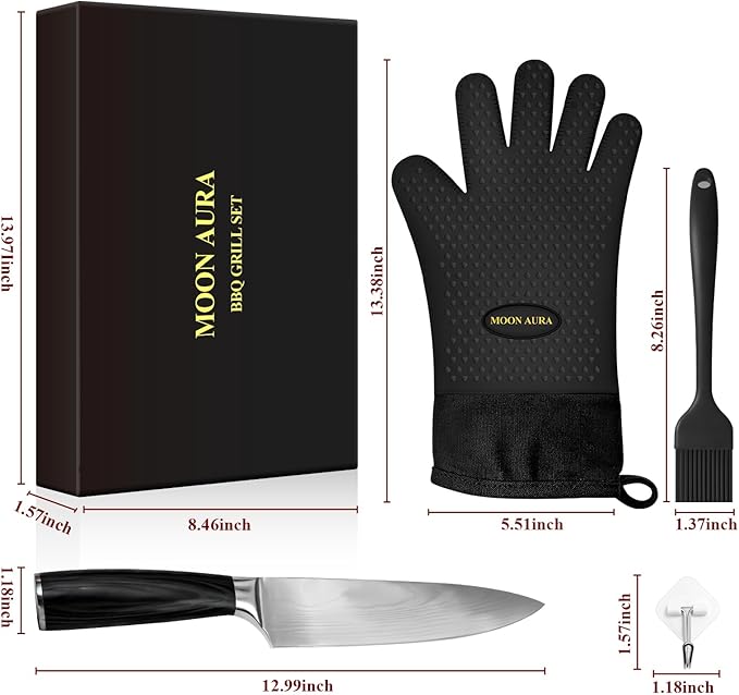 Silicone Smoker Oven Gloves - BBQ Gloves with Sharp Knife, Basting Brush and Sticky Hook.