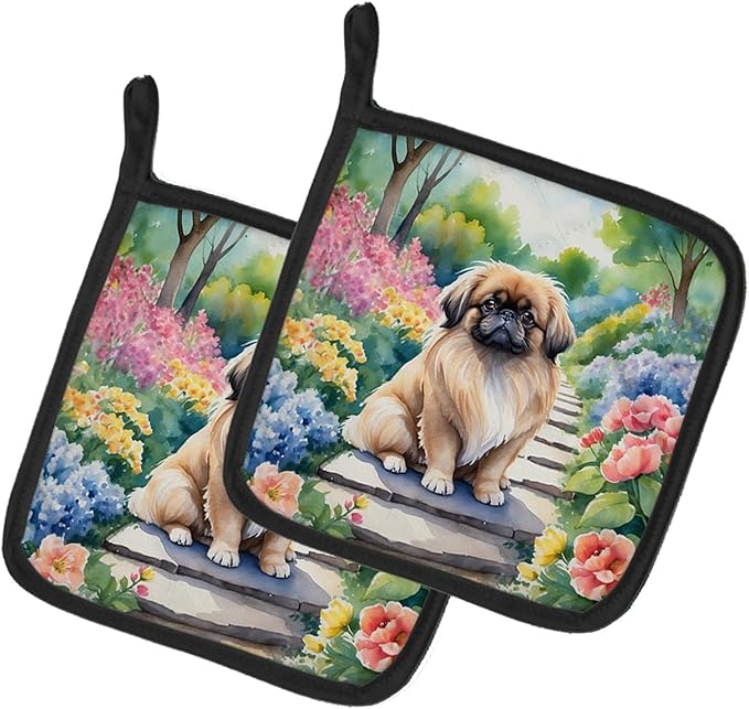 Caroline's Treasures Pekingese Spring Path Pair of Pot Holders Kitchen Heat Resistant Pot Holders Sets Oven Hot Pads for Cooking Baking BBQ, 7 1/2 x 7 1/2