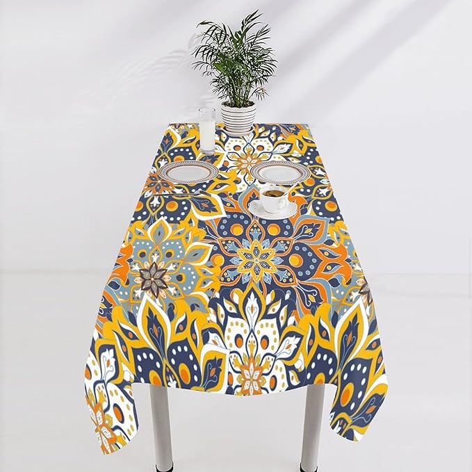 Retro Moroccan Boho Kitchen Tablecloth Vintage 70's 60's Hand Drawn Style Floral Motifs Table Cloth for Living Room Kitchen Party Picnic Cloth Stain Resistance Polyester, 55x55 Square