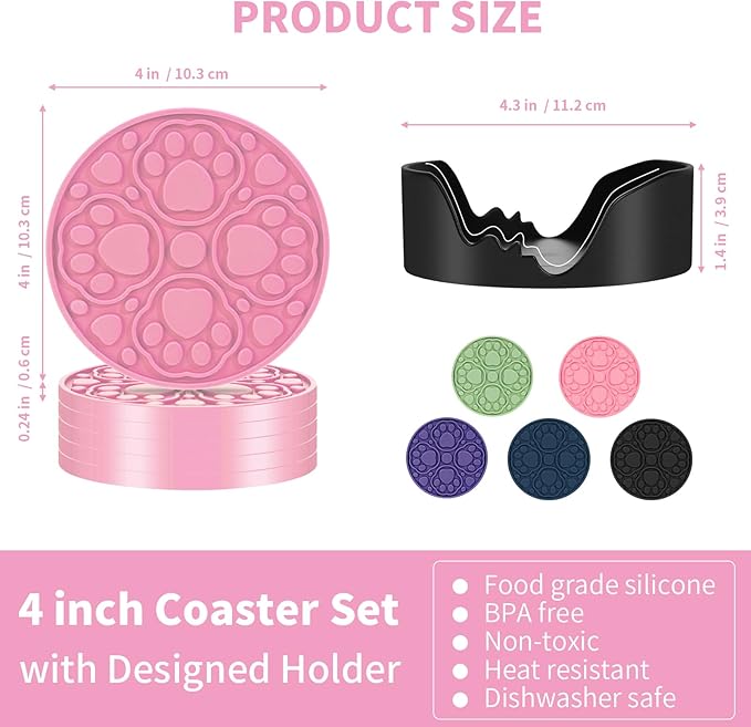 Pink Silicone Coasters Set of 6 with Holder, 4 Inch Non-Slip Decorative Drink Coasters for Bar, Beer, Coffee, Waterproof Cup Mats for Tabletop and Desk Decor, Dishwasher Safe, Cute Housewarming Gift