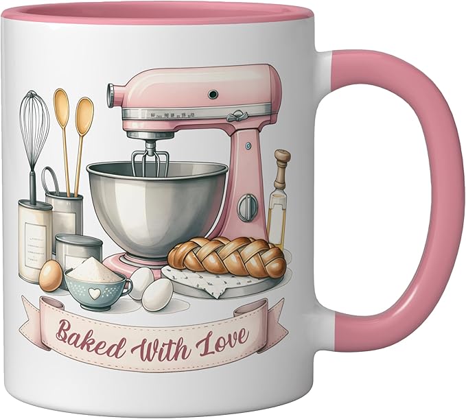Baker Women Mom Wife Funny Baking Humor Bake Love Mama Girl Ceramic Mug, Pink/White