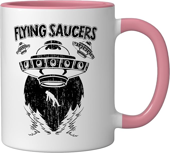 Flying Saucers UFO Abduction Extraterrestrial Believer Ceramic Mug, Pink/White