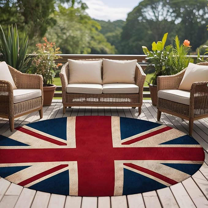 Washable Round Area Rug Vintage Union Jack Flag Circle Rugs Floor Carpet for Living Room Bedroom, Reerto Flags of The United Kingdom Soft Non Slip Round Rug 5ft