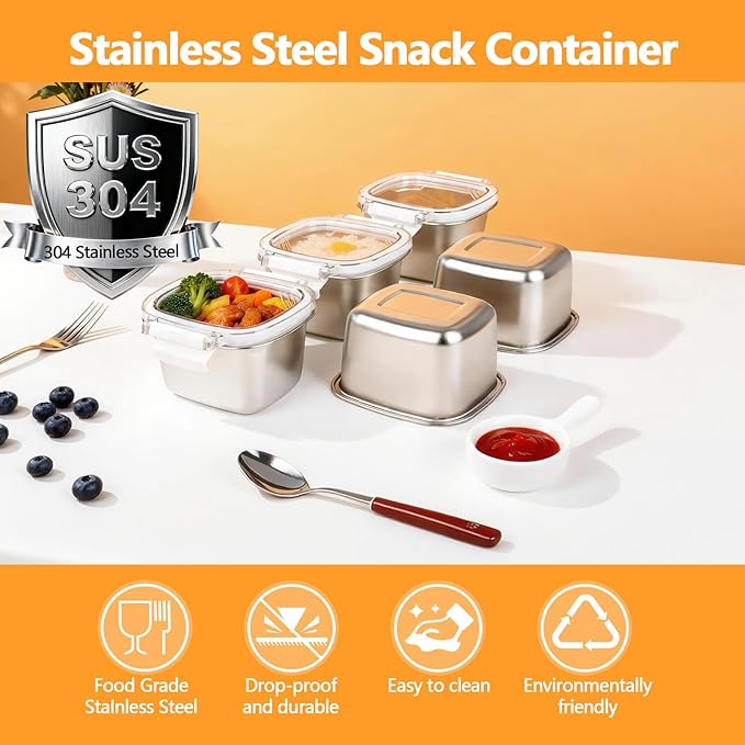 5 Pack Stainless Steel Food Storage Containers with Lids - 15.22 oz Small Snack Boxes & Lunch Containers, Shatterproof Leakproof Freezer Safe Meal Prep Containers for Portioning Snacks, Dips