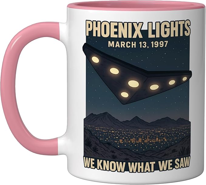 Phoenix Lights UFO V Shaped Flying Saucer Alien Ceramic Mug, Pink/White