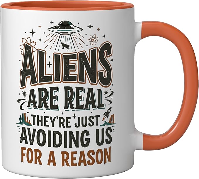 Aliens UFO Space Sci Fi Believer Extraterrestrial Ceramic Mug, Orange/White