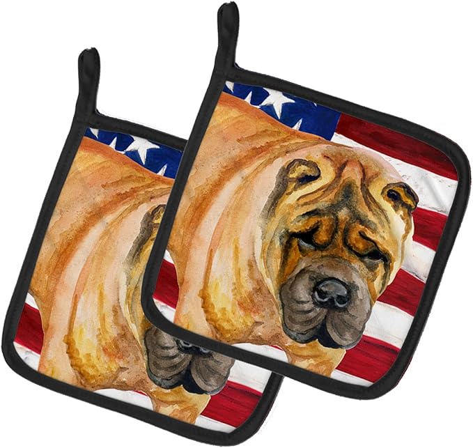 Caroline's Treasures BB9661PTHD Shar Pei Patriotic Pair of Pot Holders Kitchen Heat Resistant Pot Holders Sets Oven Hot Pads for Cooking Baking BBQ, 7 1/2 x 7 1/2