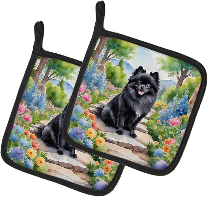 Caroline's Treasures Pomeranian Spring Path Pair of Pot Holders Kitchen Heat Resistant Pot Holders Sets Oven Hot Pads for Cooking Baking BBQ, 7 1/2 x 7 1/2