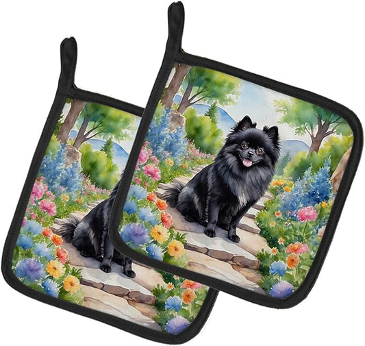 Caroline's Treasures Pomeranian Spring Path Pair of Pot Holders Kitchen Heat Resistant Pot Holders Sets Oven Hot Pads for Cooking Baking BBQ, 7 1/2 x 7 1/2