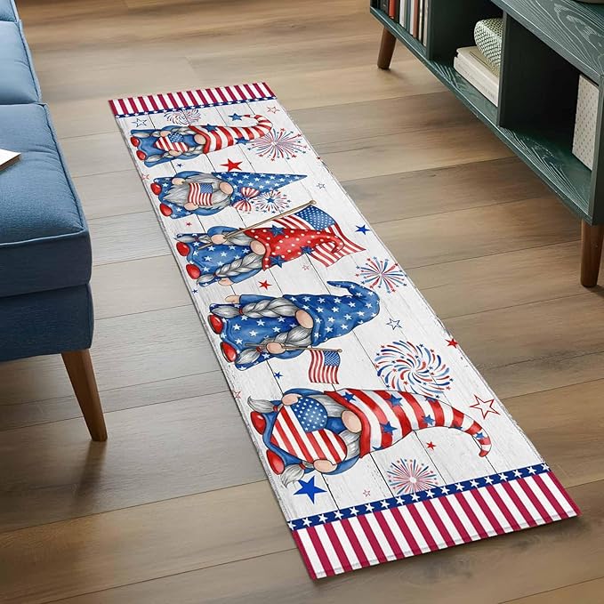 Runner Rug for Bedroom Hallway, Independence Day USA Flag Star Dwarf Kitchen Runner Rugs Area Rug 2x6ft, Stripes on Wood Grain Washable Soft Floor Carpet for Entryway Stair