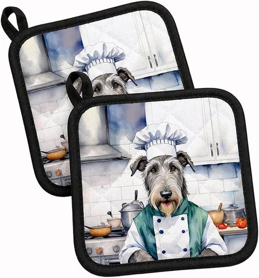 Caroline's Treasures Irish Wolfhound The Chef Pair of Pot Holders Kitchen Heat Resistant Pot Holders Sets Oven Hot Pads for Cooking Baking BBQ, 7 1/2 x 7 1/2