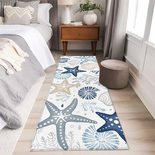Runner Rug for Bedroom Hallway, Ocean Starfish Shell Conch Kitchen Runner Rugs Area Rug 2x6ft, Sea Blue Coral Seamless Washable Soft Floor Carpet for Entryway Stair