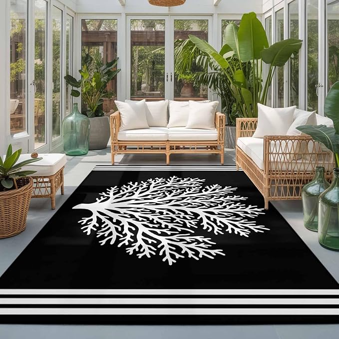 Area Rug 3x5ft, Coastal Coral Reef Texture Washable Rugs for Living Room Bedroom, Ocean Theme Black White Soft Non-Slip Area Rugs Rectangle Floor Carpet for Dining Room