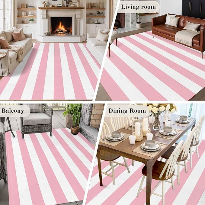 Area Rug 6x9ft, Pink White Stripe Washable Rugs for Living Room Bedroom, Classic Geometric Line Soft Non-Slip Area Rugs Rectangle Floor Carpet for Dining Room