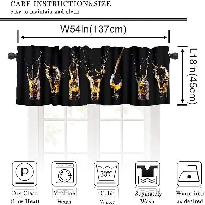 Whiskey Curtain Valance, Western Alcohol Splash Rustic Farmhouse Short Window Treatment for Kitchen Dining Cafe Pub Bar Bedroom Living Room, 54x18Inch