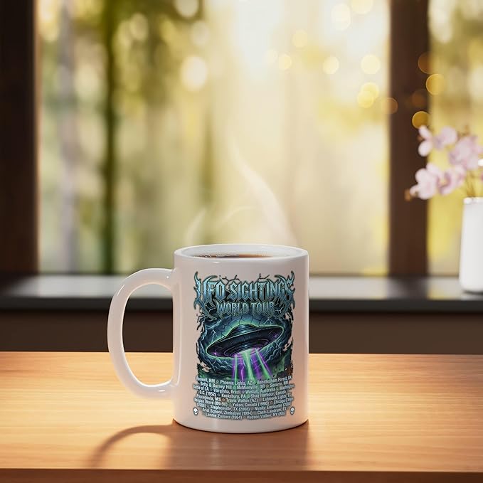 Vintage UFO Sightings World-Tour Cool-Looking Heavy-Metal Ceramic Mug, White