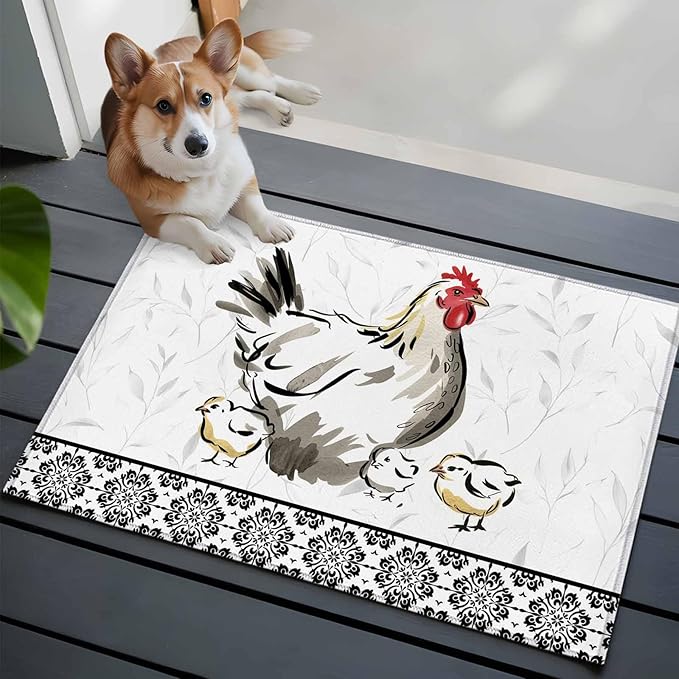 Area Rug 2x3ft, Country Farmhouse Rooster Washable Rugs for Living Room Bedroom, Watercolor Animal Flower Pattern Soft Non-Slip Area Rugs Rectangle Floor Carpet for Dining Room