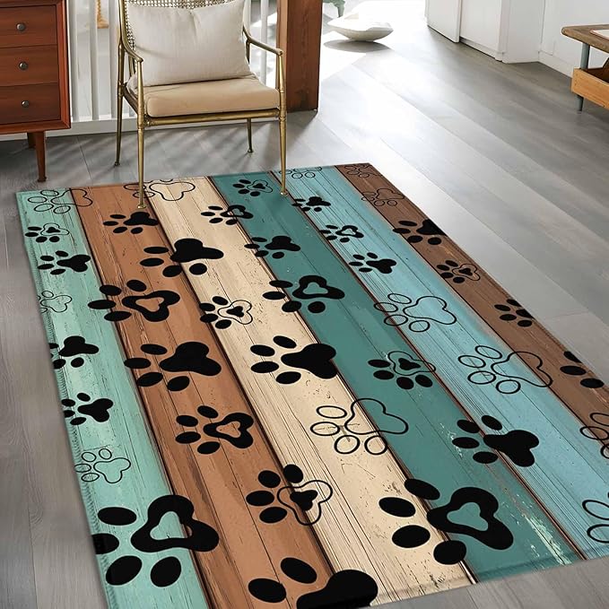 Area Rug 3x5ft, Farm Brown Wood Board Washable Rugs for Living Room Bedroom, Dog Paw Print Animal Footprint Soft Non-Slip Area Rugs Rectangle Floor Carpet for Dining Room