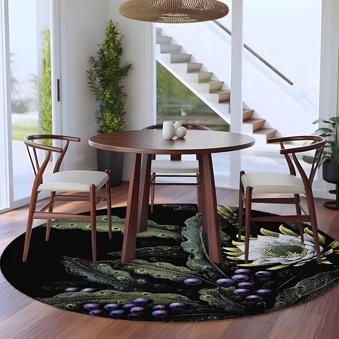 Washable Round Area Rug Watercolor Flower Berry Leaves Circle Rugs Floor Carpet for Living Room Bedroom, Botanical Plant Dark Style Soft Non Slip Round Rug 5ft