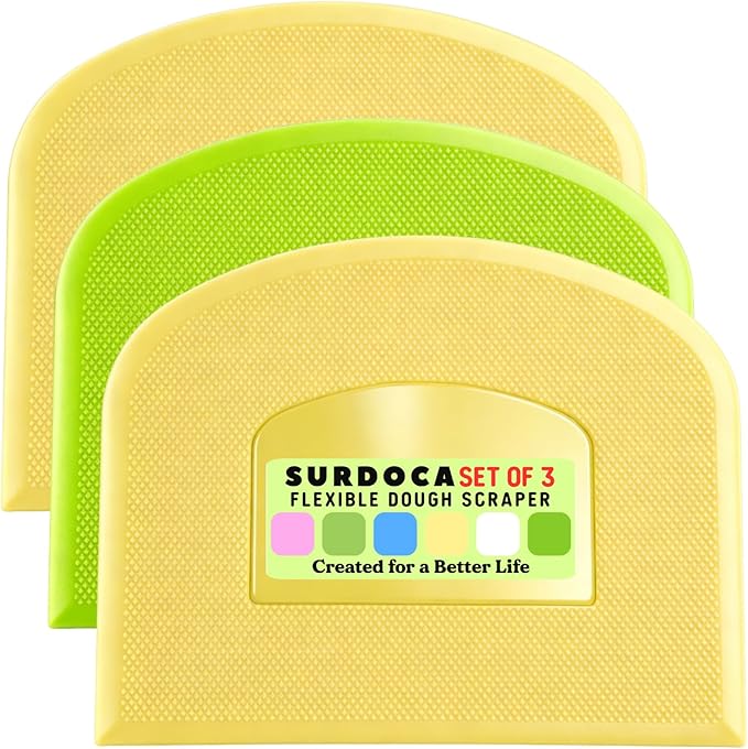 SURDOCA Dough Scraper Bench Scraper - 3P 8.3x5.5" Plastic Flexible Bowl Scraper, Sharp Edge & Angles Cake Scraper. Non-Slip Bakeware Decorating Tools Sculpting & Modeling Tools - Yellow+Green+Yellow