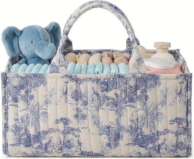 Quilted Fabric Storage Basket Floral Baby Diaper Caddy Quilted Basket Organizer for Newborn Nursery Bedroom Car Storage