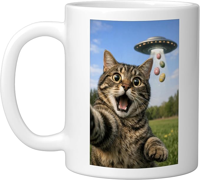 Funny Cat Selfie with Easter Eggs UFO for Men Women Kids Ceramic Mug, White