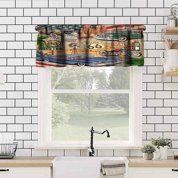 Vintage Car Valance Curtain Old Classic Car Theme American Vintage Diner Motorcycle Rod Pocket Valance Window Treatments Short Curtains for Kitchen Bathroom Farmhouse 54x18inch