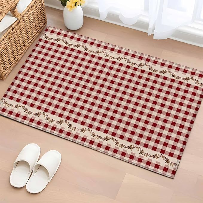 Area Rug 2x3ft, Vintage Red Buffalo Plaid Berry Washable Rugs for Living Room Bedroom, Farmhouse Western Star Soft Non-Slip Area Rugs Rectangle Floor Carpet for Dining Room