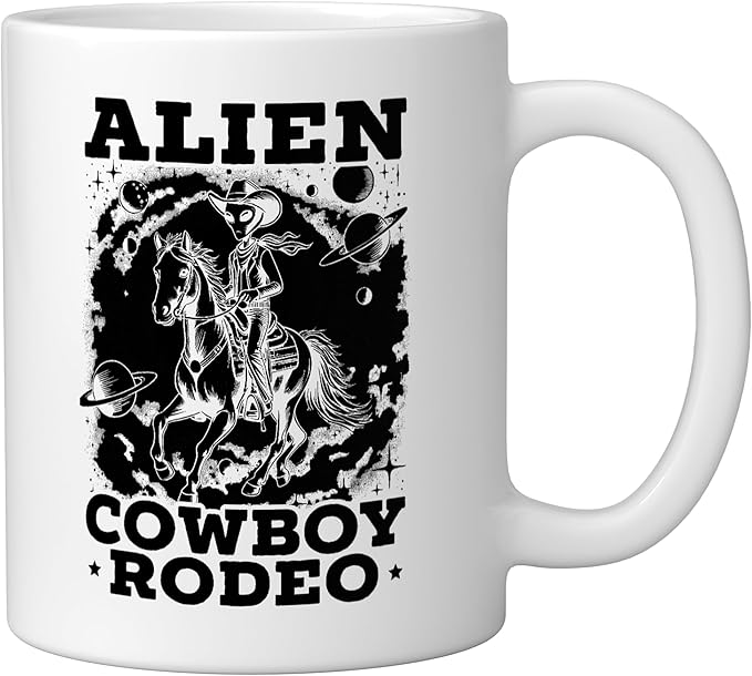 Alien Lover Flying Saucer UFO Extraterrestrial Cowboy Ceramic Mug, White