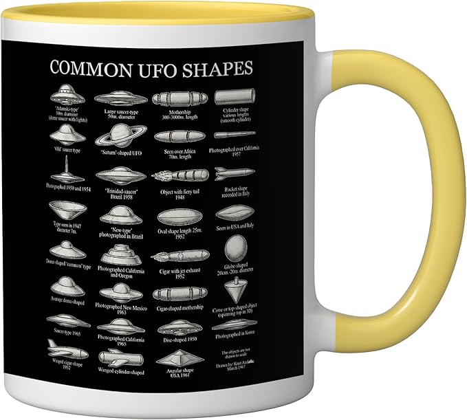 Common UFO Shapes Vintage Chart Alien Flying Saucer Ceramic Mug, Yellow/White