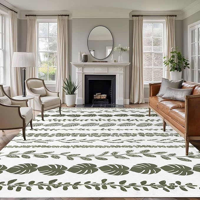 Area Rug 9x12ft, Summer Tropical Leaf Seamless Washable Rugs for Living Room Bedroom Rectangle Floor Carpet, Farmhouse Green Leaves Plant Soft Non-Slip Area Rugs for Dining Room
