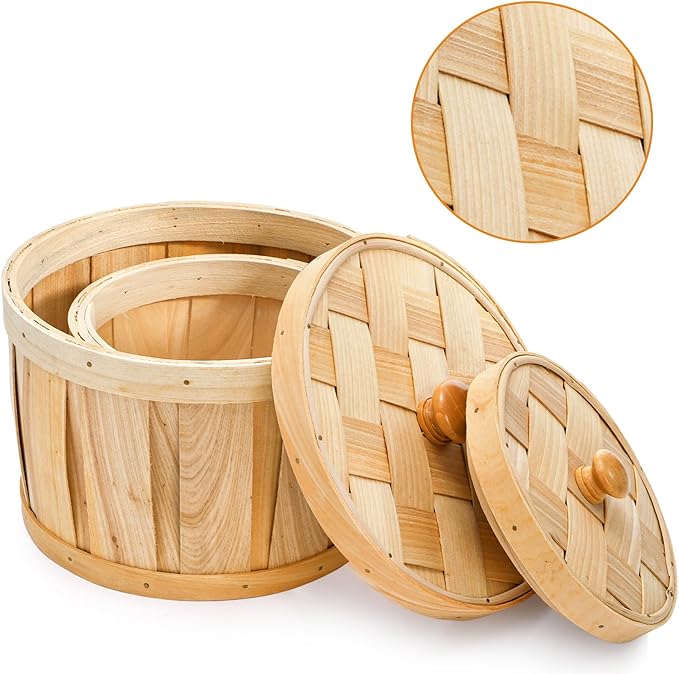 Lawei Set of 2 Round Woven Storage Baskets with Lids, Natural Woodchip Decorative Storage Fruit Buckets, Dust-Proof Kitchen Snack Organizer & Home Decor Storage Bins for Shelf, Home, Office