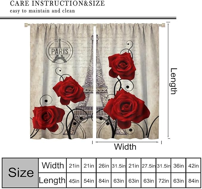 Eiffel Tower Blackout Curtain,Vintage France Paris Red Rose Floral Stamp Romantic Window Curtains for Bedroom Cafe Dining Room Office Living Room Kitchen Drapes,52x96 in