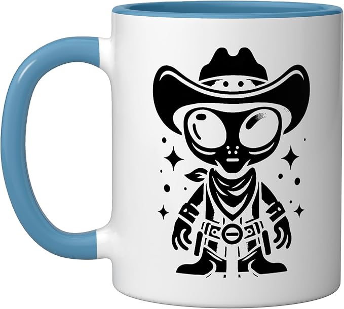 Alien Lover Flying Saucer UFO Extraterrestrial Cowboy Ceramic Mug, Blue/White