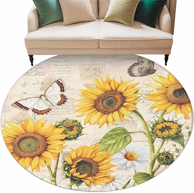 Sunflower Farmhouse 7ft Round Rug, Retro Floral Butterflies Non-Skid Rubber Backing Large Area Rugs - Living Room Bedroom Home Office, Spring Summer Indoor Floor Mat Carpets Washable Rug