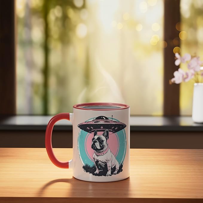 Retro UFO French Bulldog Alien Sci Fi Space Ceramic Mug, Red/White