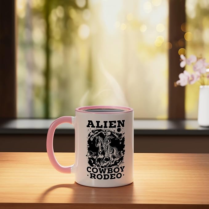 Alien Lover Flying Saucer UFO Extraterrestrial Cowboy Ceramic Mug, Pink/White