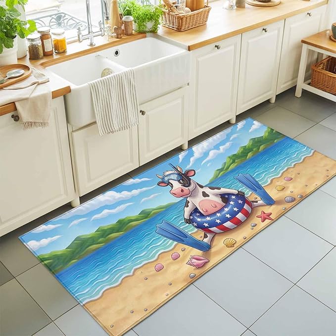 Runner Rug for Bedroom Hallway, Summer Beach Snorkeling Cow Kitchen Runner Rugs Area Rug 2x6ft, Ocean Starfish Funny Animal Art Washable Soft Floor Carpet for Entryway Stair