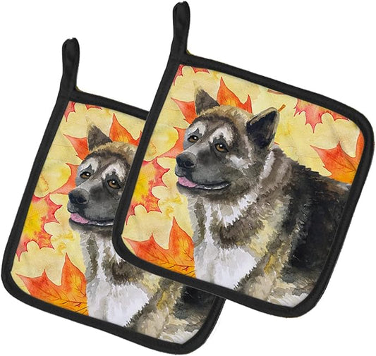 Caroline's Treasures BB9930PTHD American Akita Fall Pair of Pot Holders, Yellow Kitchen Heat Resistant Pot Holders Sets Oven Hot Pads for Cooking Baking BBQ, 7 1/2 x 7 1/2